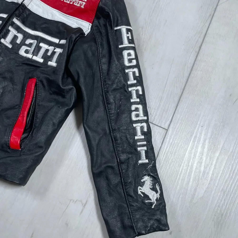 Ferrari Kids Size 4 Racing Leather Jacket Vintage Style Black Red Racing F1